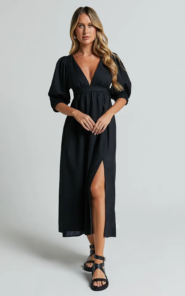 New Showpo Eidie Midi Dress Linen Puff Sleeve Dress Size Small MSRP $89 - Image 5