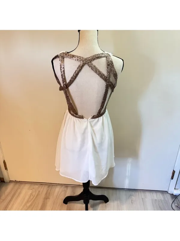 Tobi Gold metallic skater dress white mini Roman dress sequin straps NWT XS - Image 5