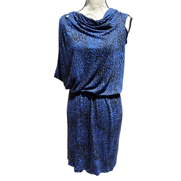 Tart Collections NWT Blue Black Animal Print Cowl Neck Blouson Sheath Dress L - Image 3