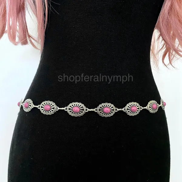 Silver Y2K Pink Stone Concho Waist Chain Belt, Fits 24.5-42.5 Inches, X7GA1298 - Image 5