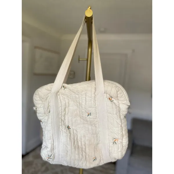 Quilted Embroidered Diaper Tote Bag Neutral Cream Ditsy Floral‎ Cottagecore Baby - Image 3