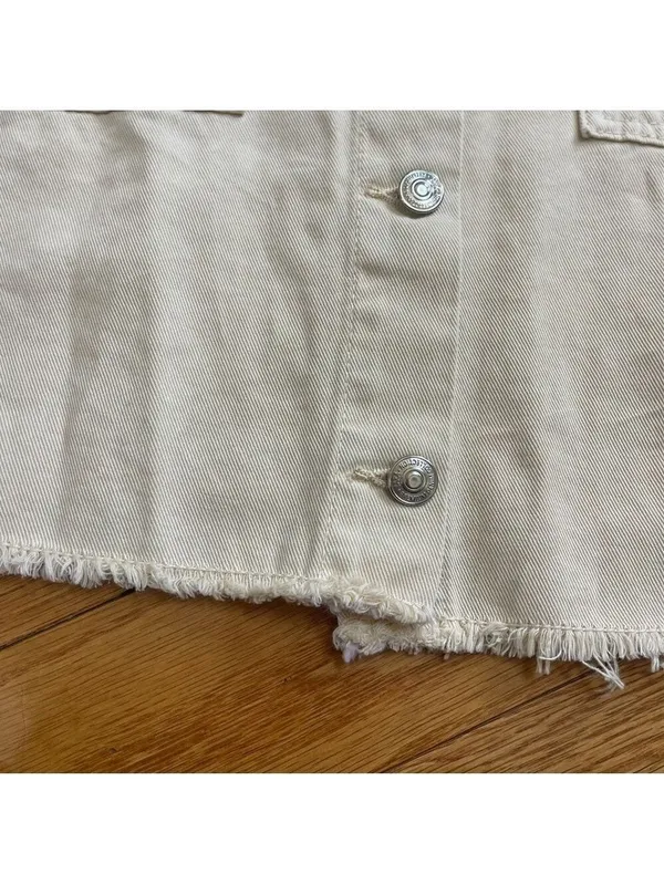 ZARA Cream Beige Cropped Frayed Hem Denim Cotton Jacket Utility Casual Boxy XL - Image 10