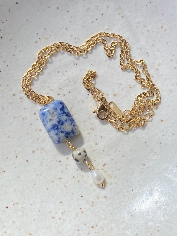 Handmade gem stones & freshwater pearl boho statement necklace🌀💙 - Image 3