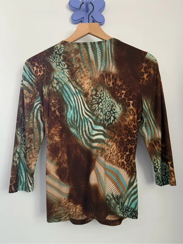 90s Y2K US 6 3/4 Sleeve Top Brown Blue Leopard Animal Ruch Twist Party Rave - Image 4