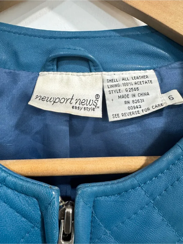VTG Newport News Quilted Leather Jacket Size 6 Blue Collarless Zip Front - Image 14