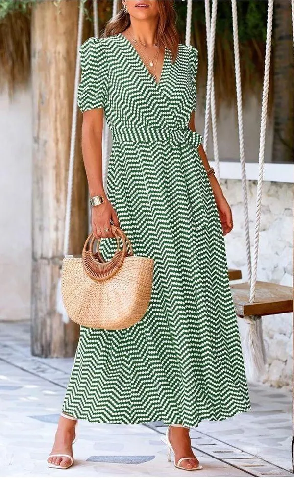 NEW Green Wrap Belted Short Sleeve Ruffle Hem Split Maxi Dress L - Image 5
