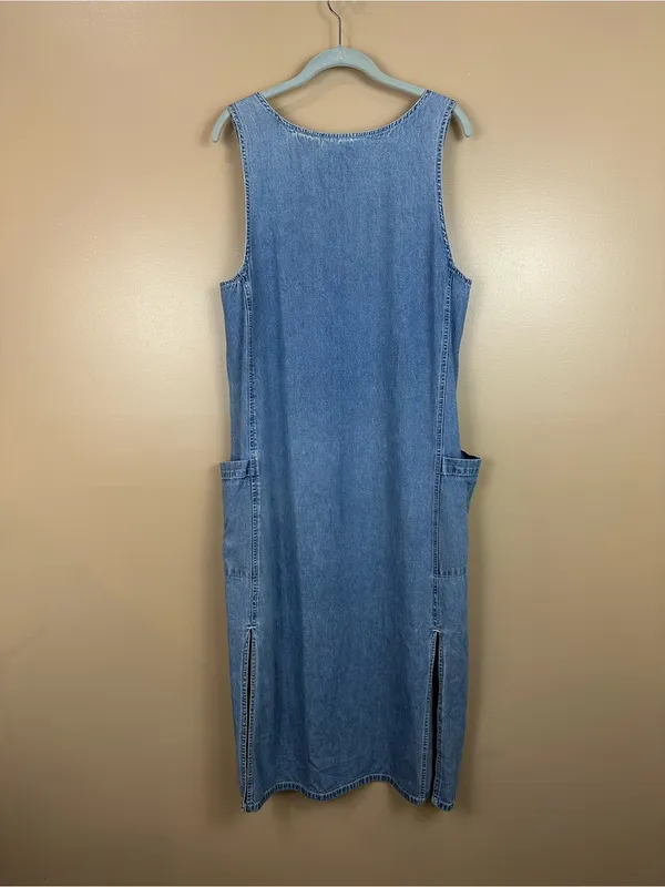 Vintage Denim Jumper Midi Dress M Utility Pockets 100% Cotton 90s Country - Image 7