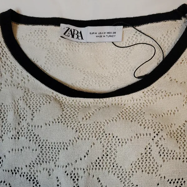 Zara Black Ecru Lace Trim Pointelle Knit Sweater Short Sleeves Size:M NWOT - Image 7