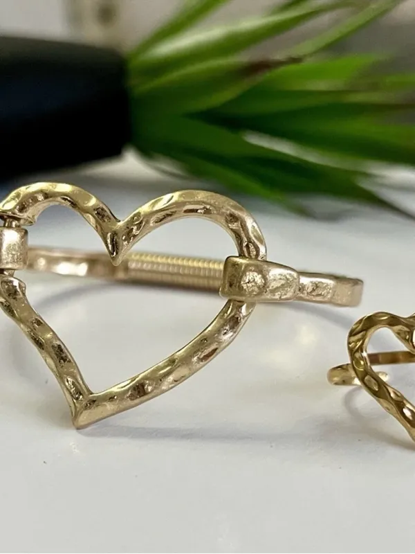 Gold Plated hammered Heart bangle bracelet cuff Stainles Steel Womens jewelry - Image 8
