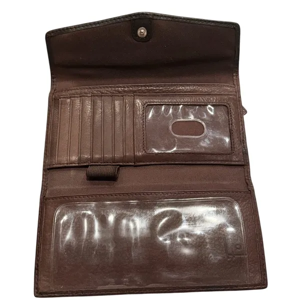 Fossil Leather Checkbook Wallet Brown‎ Retro Print Bifold - Image 3