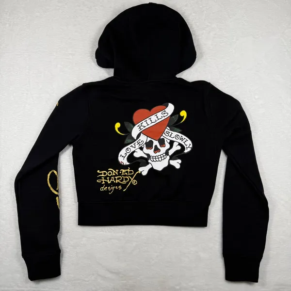 Ed Hardy Love Kills Slowly Cropped Zip Up‎ Hoodie Black Skull Tattoo Y2K Medium - Image 9
