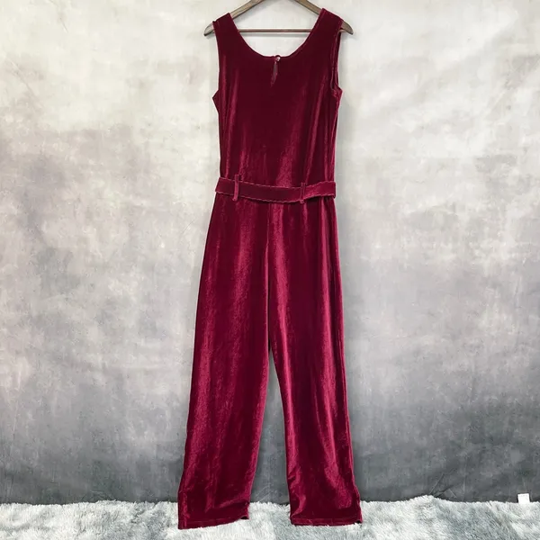 Vintage Newport News‎ Jumpsuit Women Large Red Velvet Ribbed Stretch Minimalist - Image 2