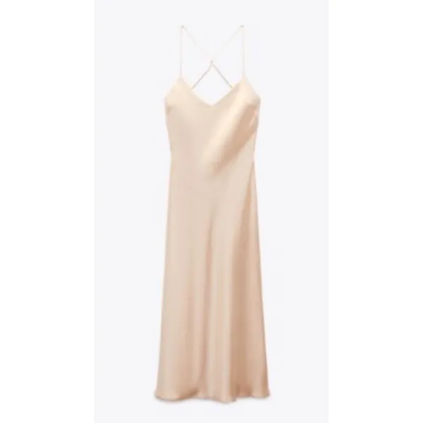 Zara Champagne Satin Maxi Slip Dress Cross Back V-Neck Sleeveless Pink Beige XS - Image 2