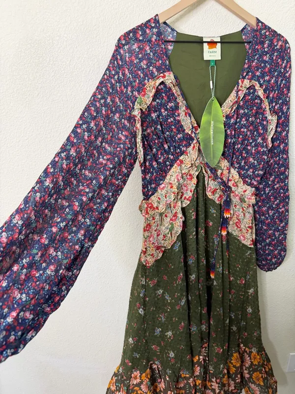 NWT Farm Rio Mixed Liberty Ruffle Silk‎ Midi Dress Beaded Womens Size L - Image 5