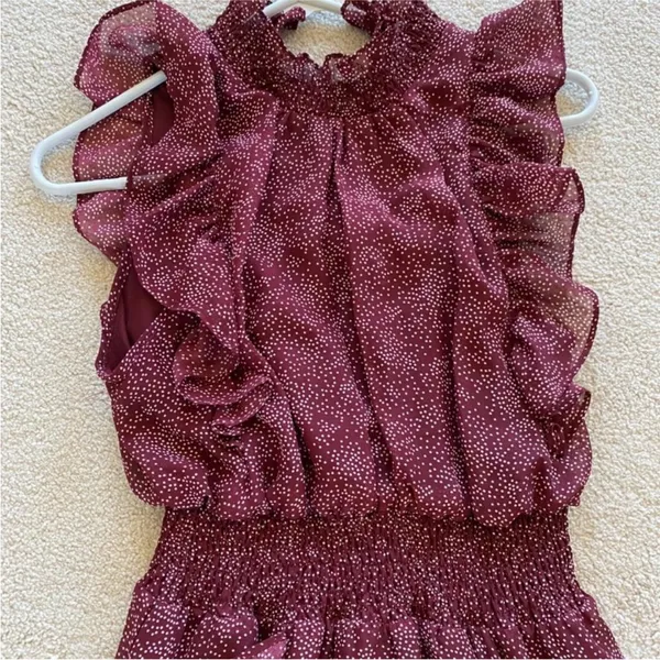 Avec Les Filles Red/Maroon Ruffle Dot Maxi Dress Sz 10 - Image 2