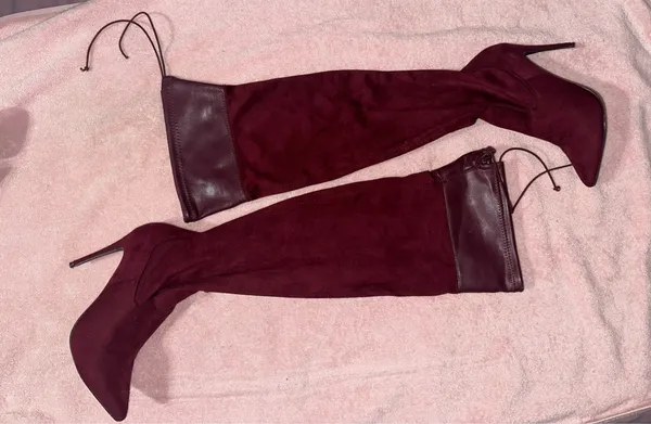 Burgundy suede thigh-high stiletto boots - Image 6