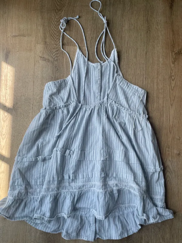 Free People desert Blue Striped Ruffle Mini Dress Cotton Summer beach M - Image 4