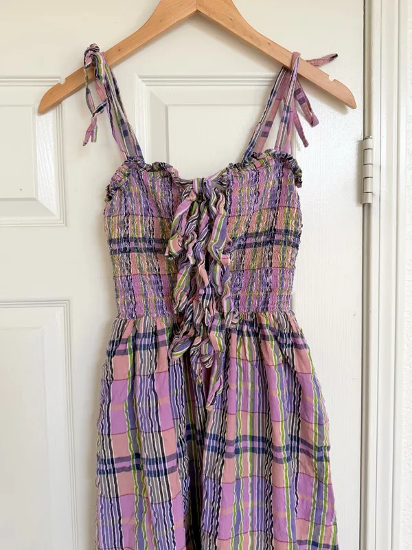Anthropologie Damson Madder Hettie Seersucker Midi Dress Size 6 Plaid Purple - Image 4