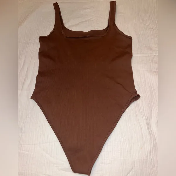 OQQ Ribbed Brown Bodysuit XXL | Square Neck Thong Snap Closure‎ - Image 6