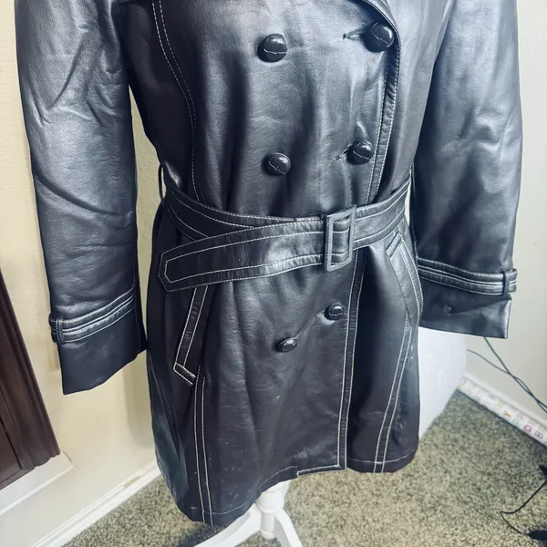 vintage 70s Flamingo Vina-Hide faux leather trench coat Brown Go-go fur‎ lined M - Image 4