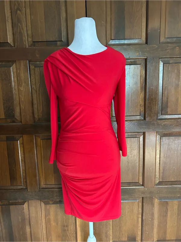Juicy Couture Dress Womens Small S Red Jersey Ruched Asymmetric Long Sleeve Mini - Image 2