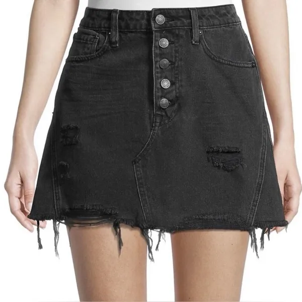We The Free Black Button Fly Mini Skirt Jean Skirt Size 27 Distressed Casual - Image 2