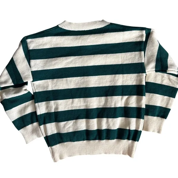 Long Sleeve Crew Neck Button Up Striped Sweater Cardigan Green White Size Large - Image 5