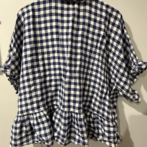 Anthropologie Maeve Linen Top Blue White Gingham Peplum Ruffle Oversized XL C - Image 5