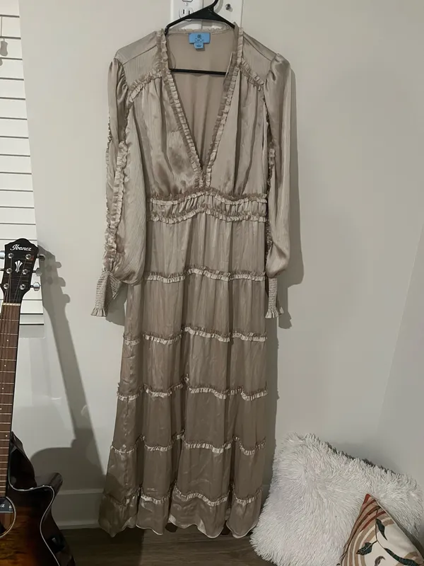 CeCe Ruffle Long Sleeve Satin Maxi Dress, Champagne, V-neck, stiered ruffles. L. - Image 3