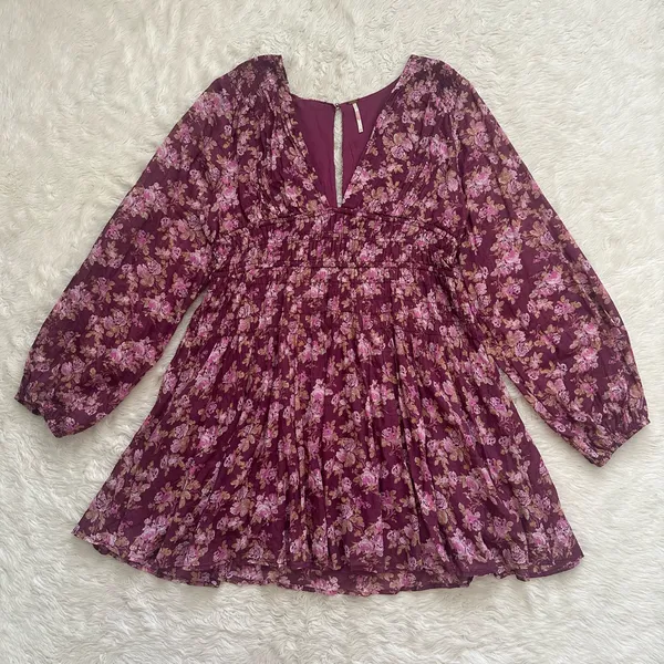 Free People Dress Keep You Mini Long Sleeve Cotton Floral Berry Combo Sz L - Image 4