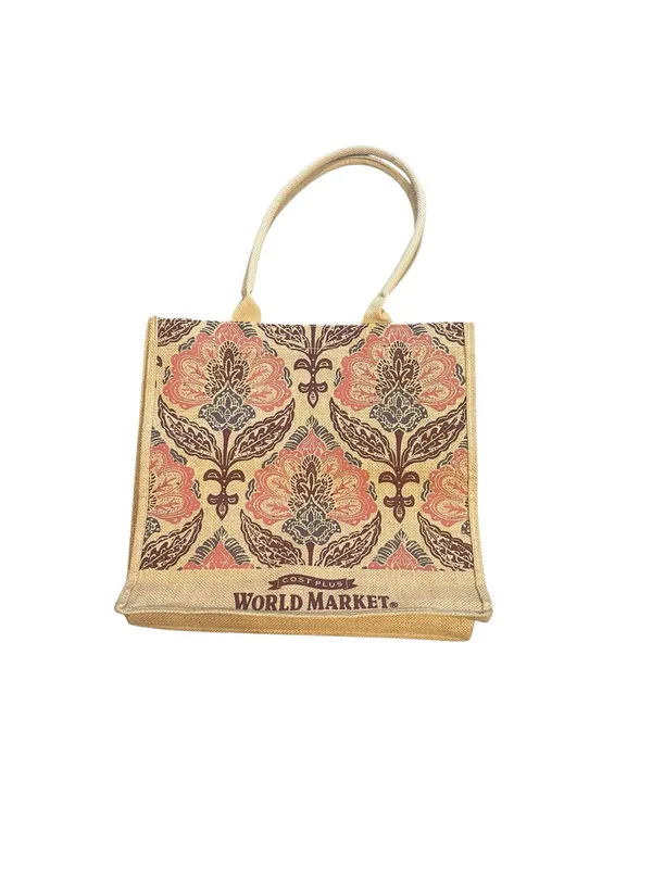 Cost Plus World Market Burlap Reusable Shopping Tote Damask Style Floral - Image 2