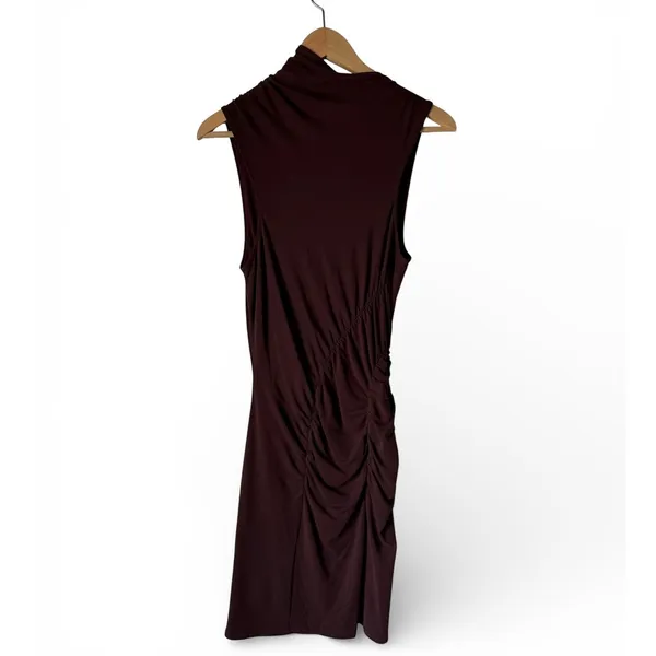 Anthropologie Brown Ruched Mock-Neck Knit Asymmetrical Dress Women's Small NWT - Image 4