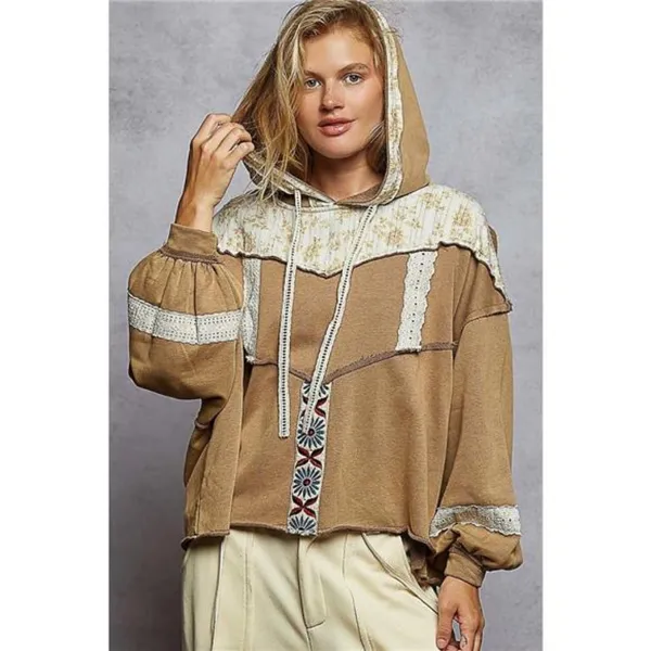 POL Drawstring French Terry Hoodie with Gauze Print‎ Patch - Image 2