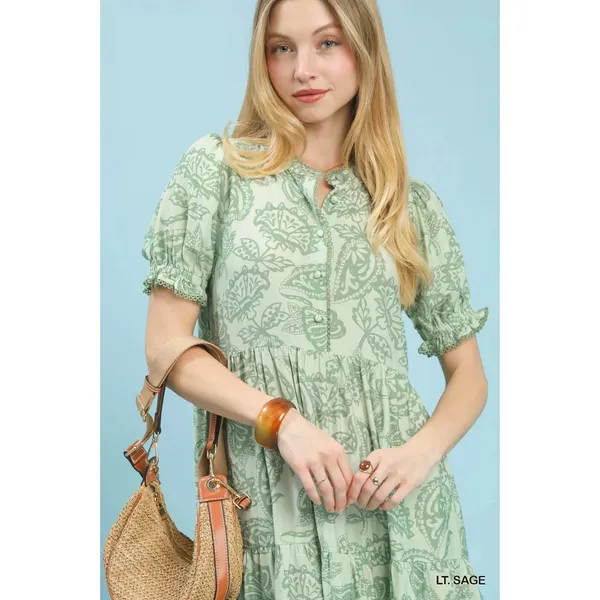 Umgee Paisley Print Tiered Midi Dress - Sage - Medium - Image 5