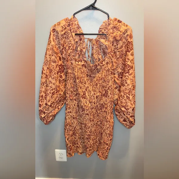 Free People NEW Smock It To Me Floral Puffed Sleeve Smocked Mini‎ Dress Size XL - Image 3