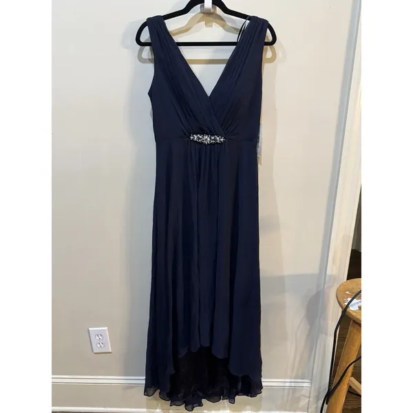 NEW Eliza J High Low Chiffon Rhinestone Embellished Waist Dress Size 8 Navy - Image 4
