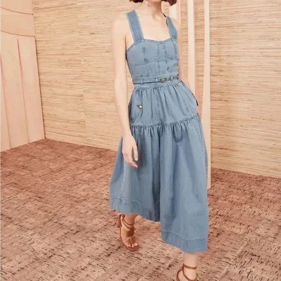 Ulla‎ Johnson Enzo Denim Dress Blue Cotton Tiered Midi Sweetheart Neck Size 4 - Image 15