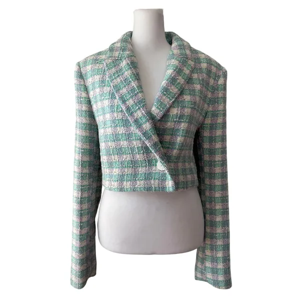 Zara Sea Green, Lavender & White Textured Cropped Single Breasted Blazer - Image 4