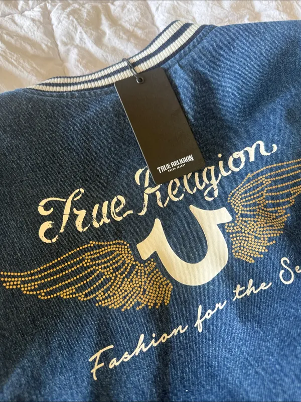 NWT True Religion $239 crystal wing denim varsity jacket Large Blue White Small - Image 8