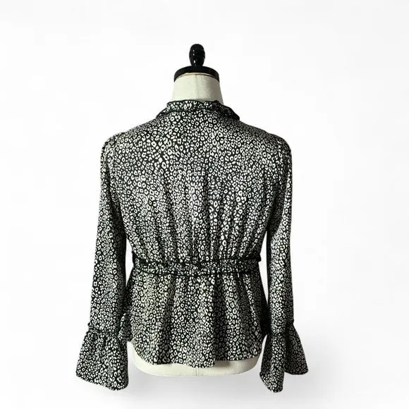 Loveriche Leopard Print Ruffle V-Neck Blouse Women Small Black White Bell Sleeve - Image 2