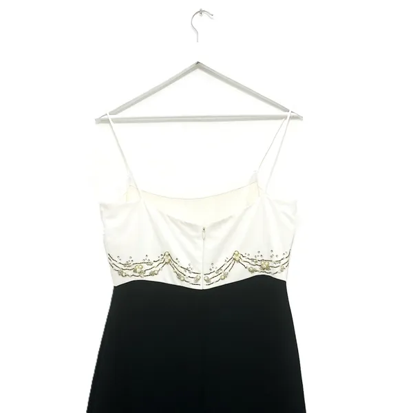 Badgley Mischka Formal Gown 10 Black White Beaded Silk Pearl High Low Maxi - Image 6