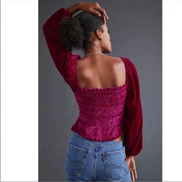 Anthropologie Smocked Velvet Puff Sleeve Pink Magenta Square Neck Blouse Small - Image 2