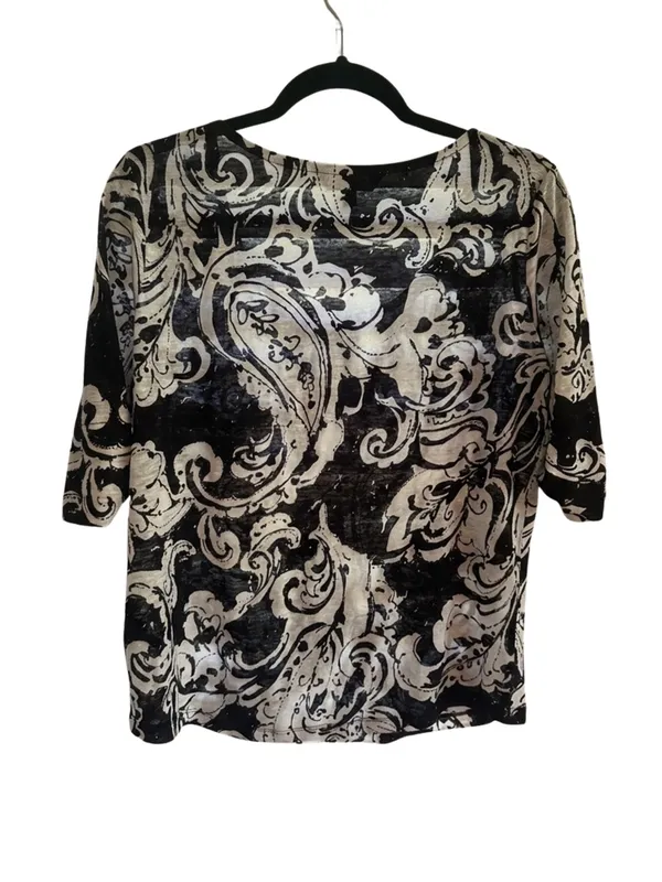 Lauren Ralph Lauren Black and Cream Paisley Short Sleeve Blouse 100% Linen - Image 4