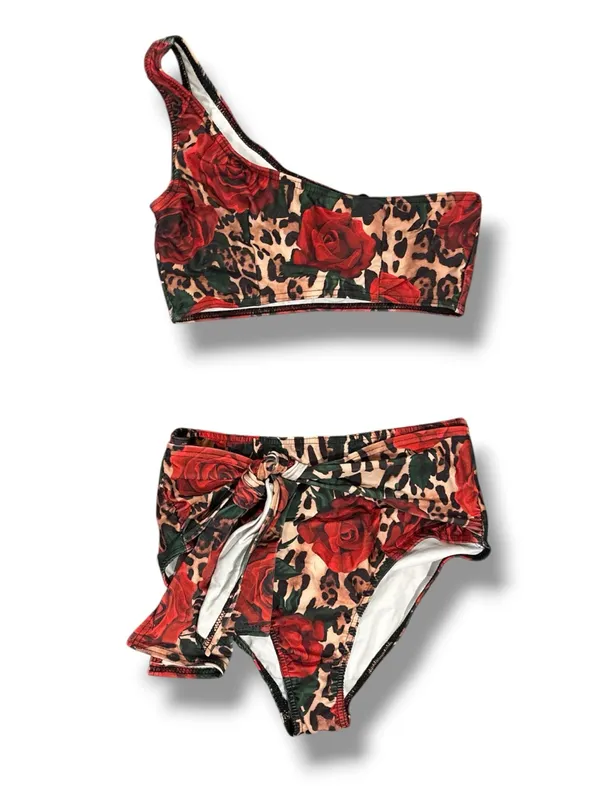 NWT Boohoo Leopard & Rose Print One Shoulder High Waist Bikini Set Size 10 - Image 2