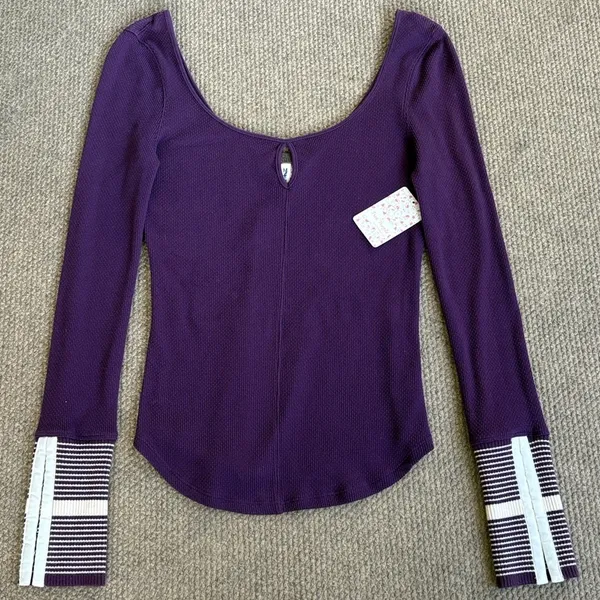 NWT Free People Mod Stripe Cuff Waffle Knit Top Purple Size Medium - Image 4
