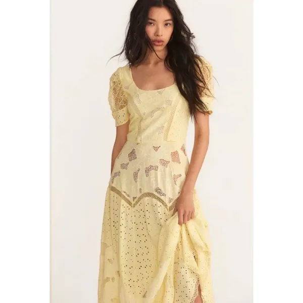 NWT‎ LoveShackFancy Nella EyeletPatchwork Maxi Dress Yellow Sz 2 $695 - Image 2