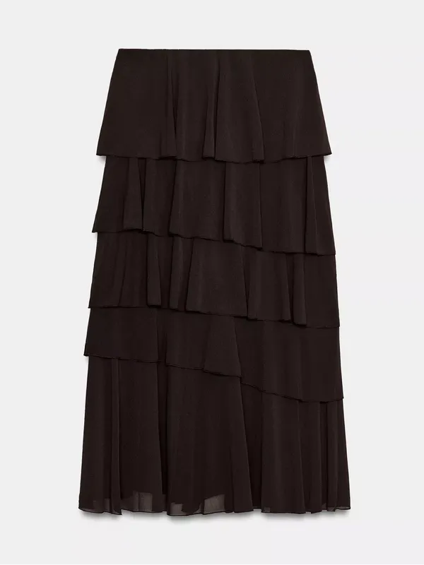Zara NWT Brown mesh Tiered ruffle Chiffon mesh Midi Skirt - dark brown - Image 5