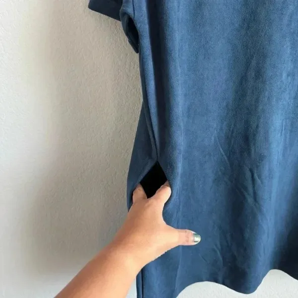 Wishlist Women’s Faux Suede Stretch Short Sleeve Pockets Navy Mini‎ Dress Size M - Image 8
