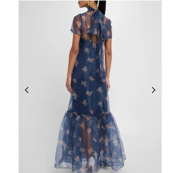 STAUD Botanical Navy Calluna Organza Mesh High Neckline Tie Back Gown size Small - Image 6