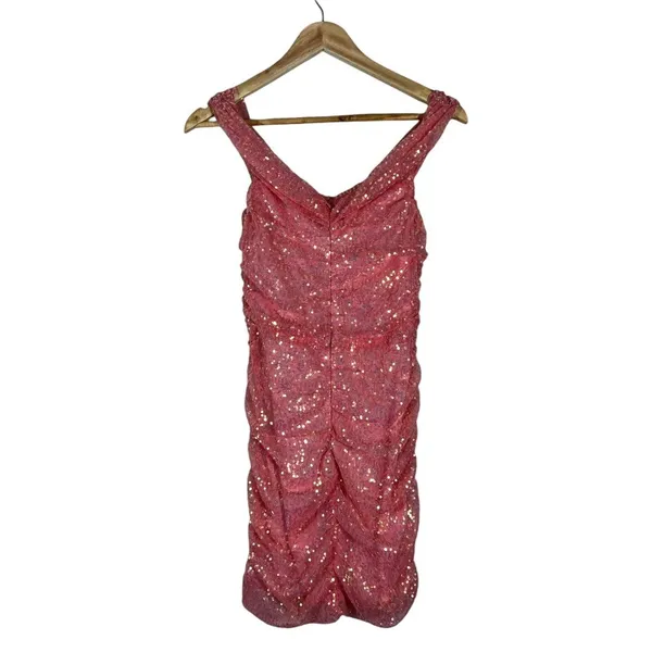 Lucy in the Sky Sequin Ruched Bodycon Mini Dress Pink Glam Party Size S - Image 3